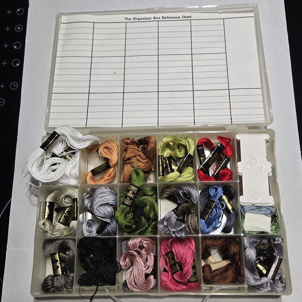 Lot of DMC Embroidery Floss Skeins with 17-Compartment Storage Organizer